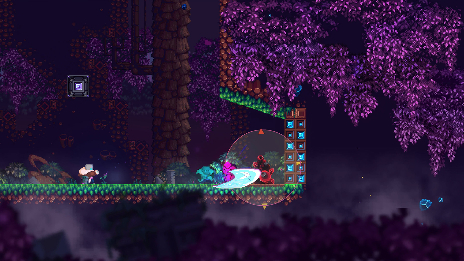 A small figure wearing a fur lined coat fires a duplicate of itself, which slashed a bomb in the game Lucid.