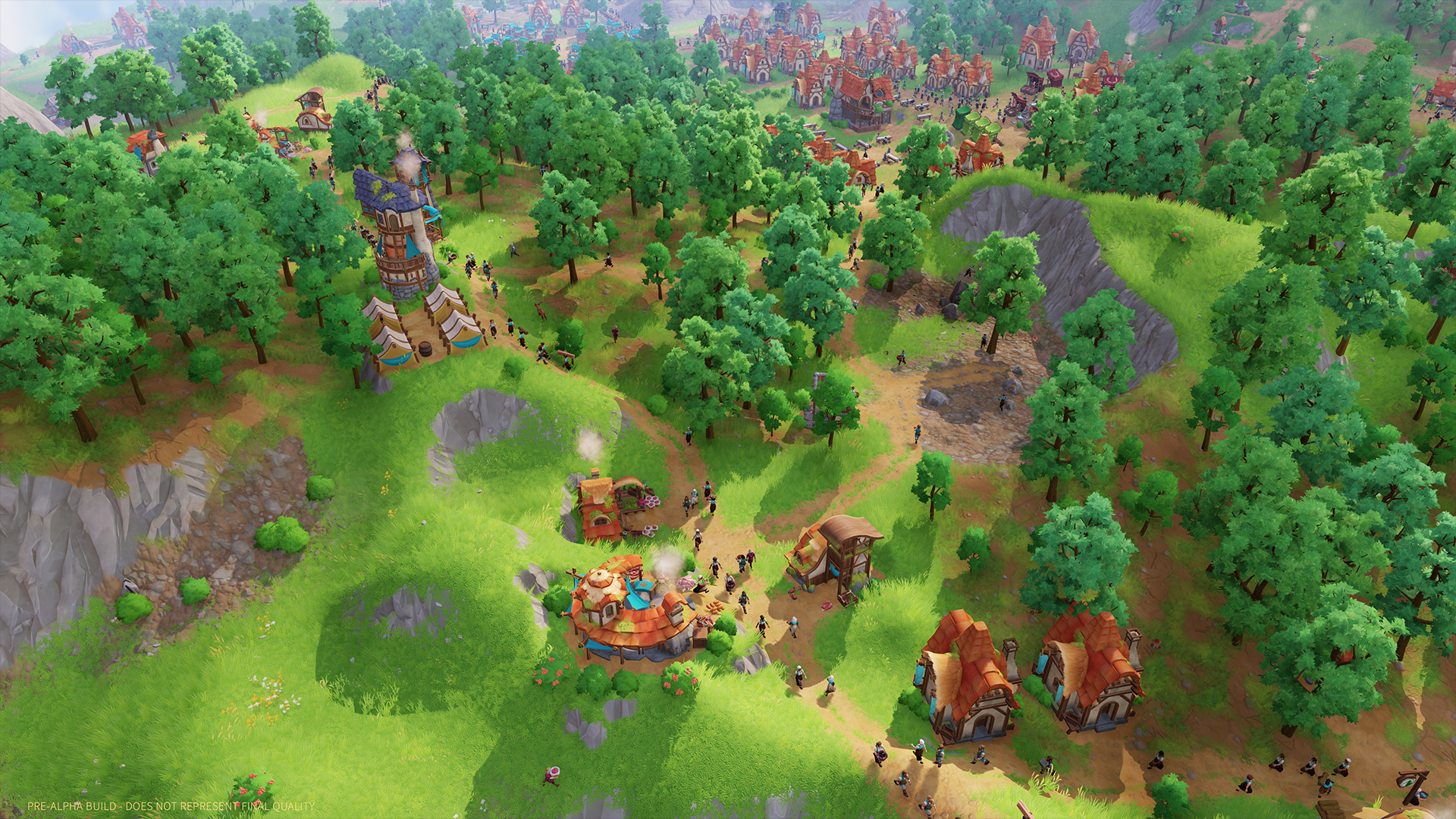A bustling town is built into a forest covered mountainside, while groups of villages walk along dirt paths in Pioneers of Pagonia.