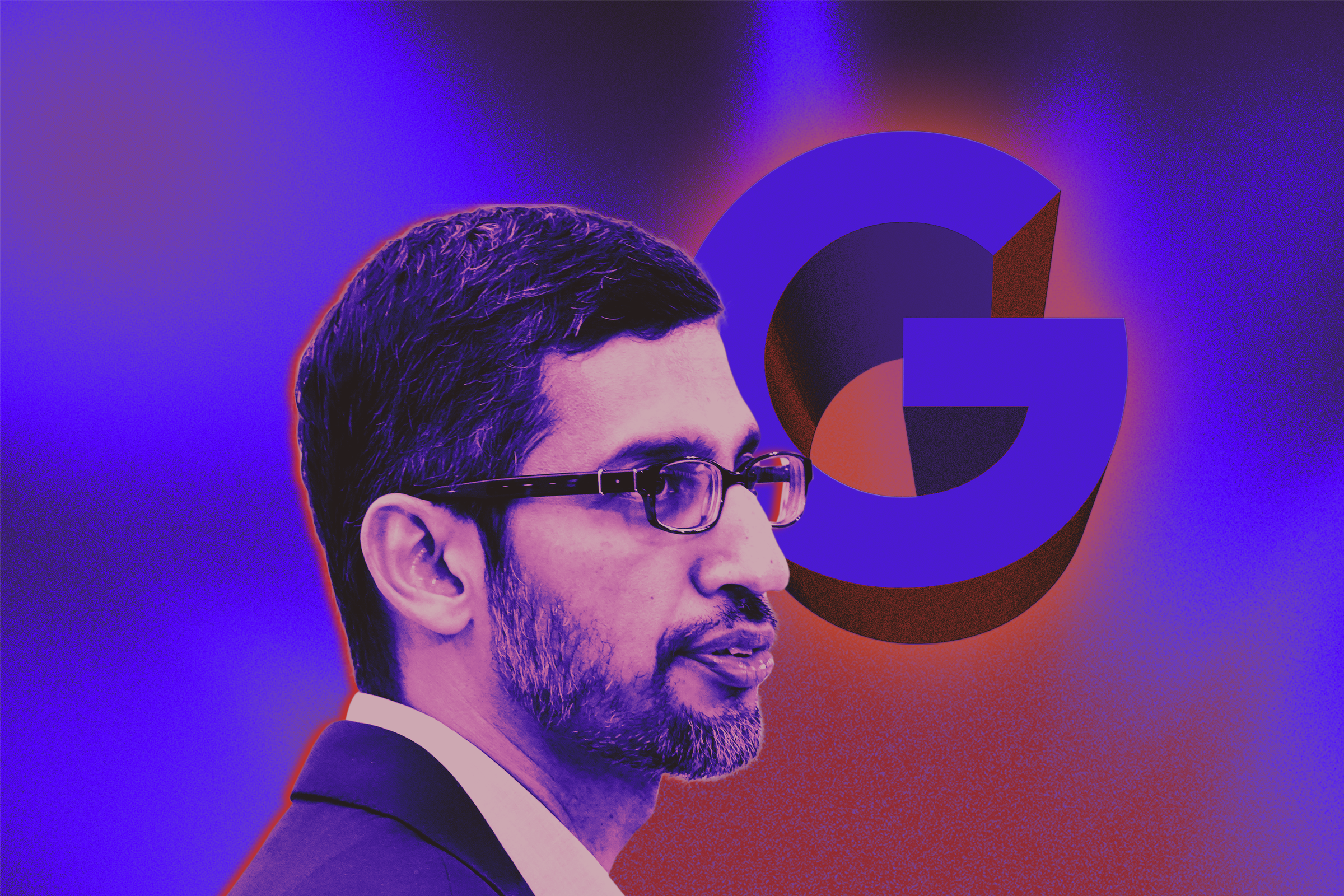 Photo illustration of Sundar Pichai in front of the Google logo