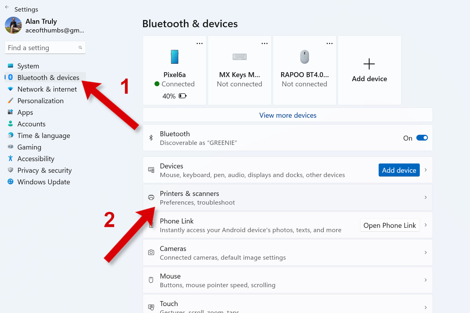 A screenshot of Windows Settings, showing how to get to Printer options.