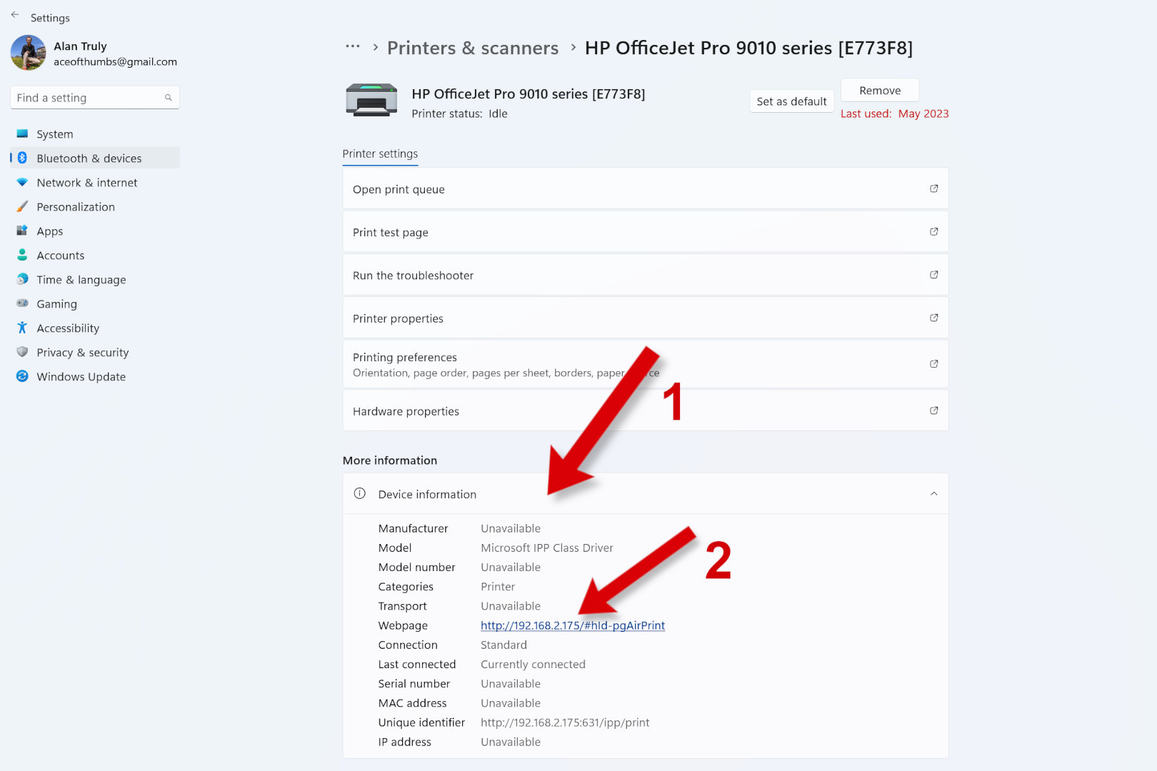 A screenshot of Windows Settings, showing how to see a printer's IP address.