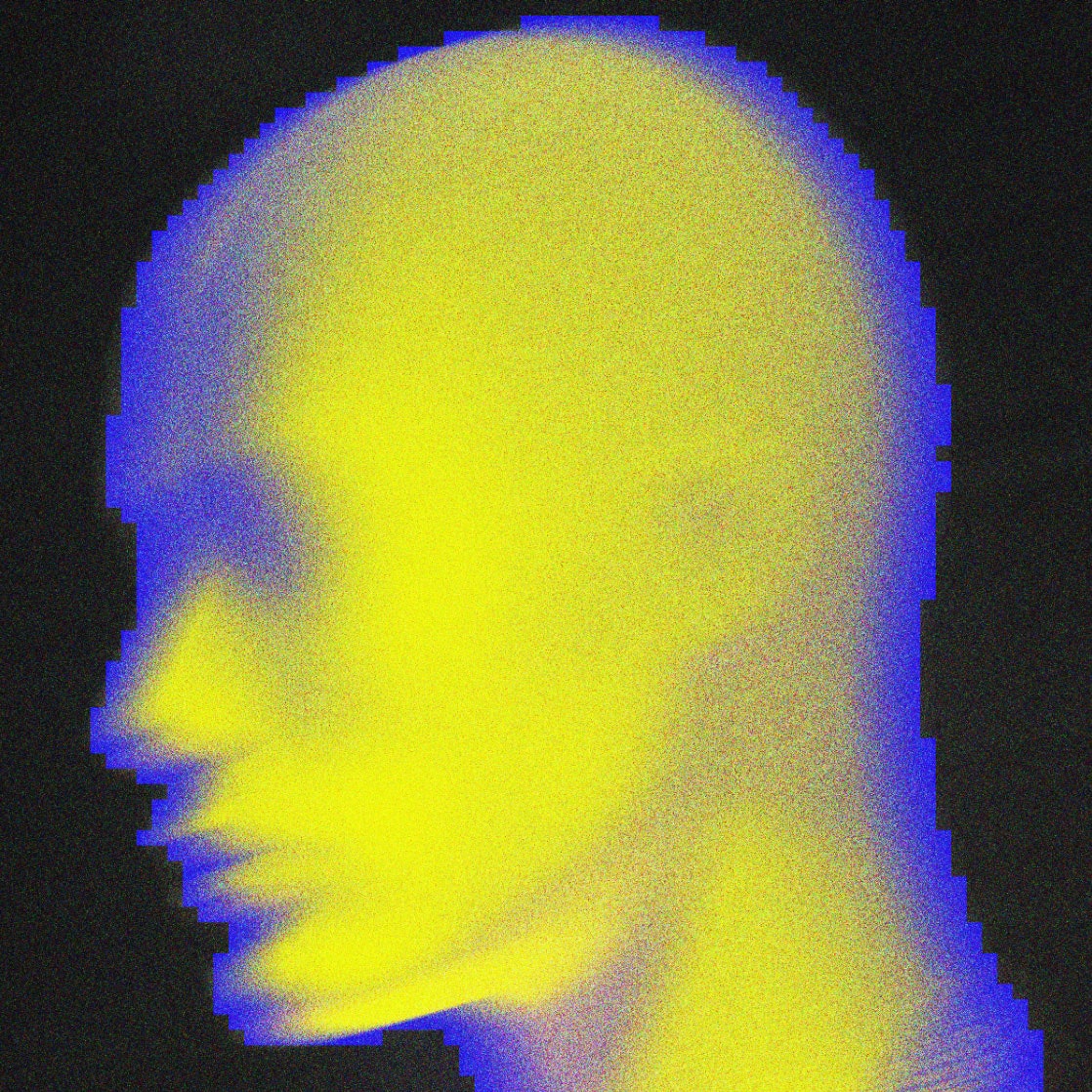 Purple and ‍yellow mannequin head that is ‌pixelated and‌ motion blurred