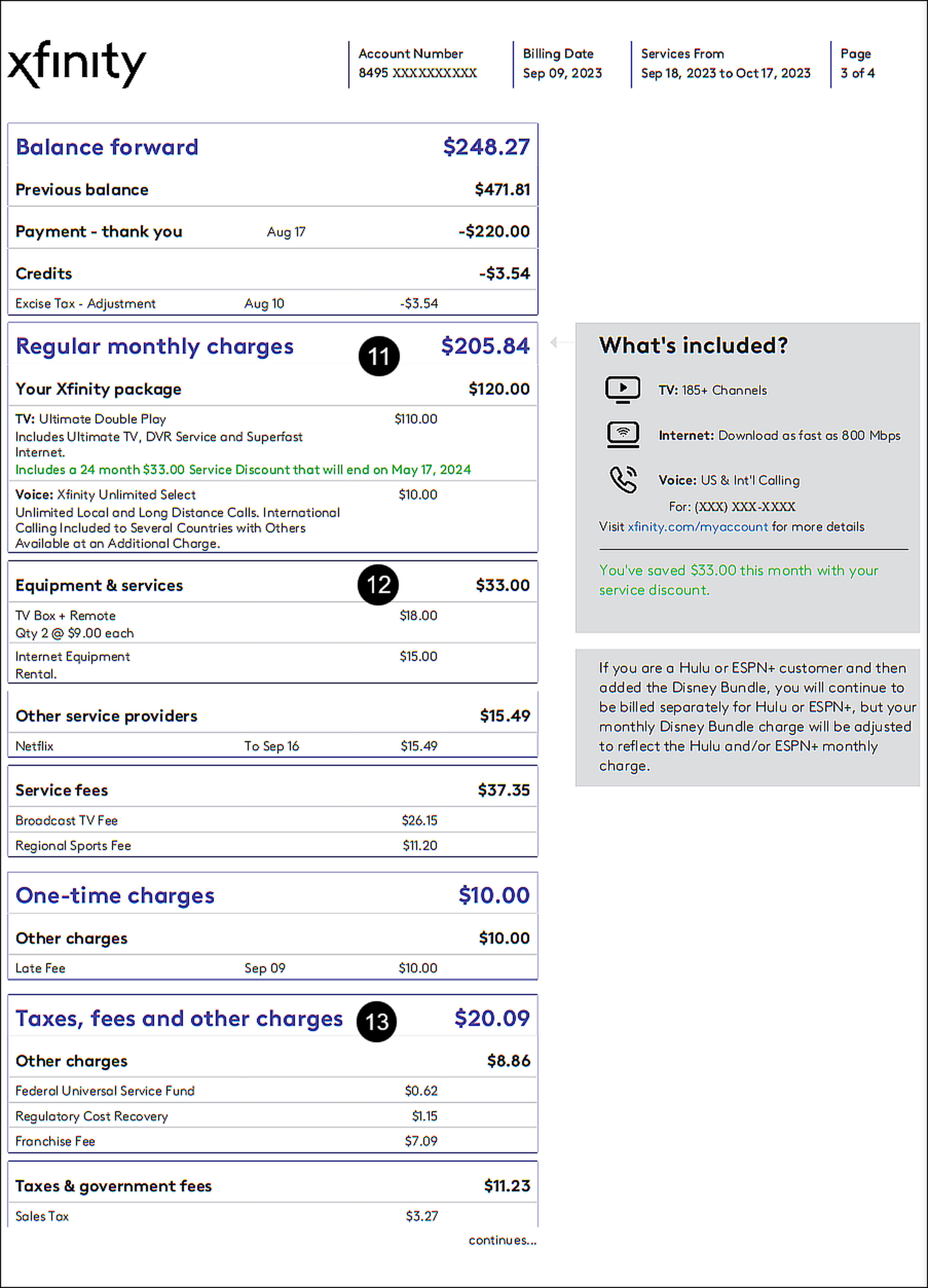 An example of a Spectrum bill showing a breakdown of additional fees and charges.