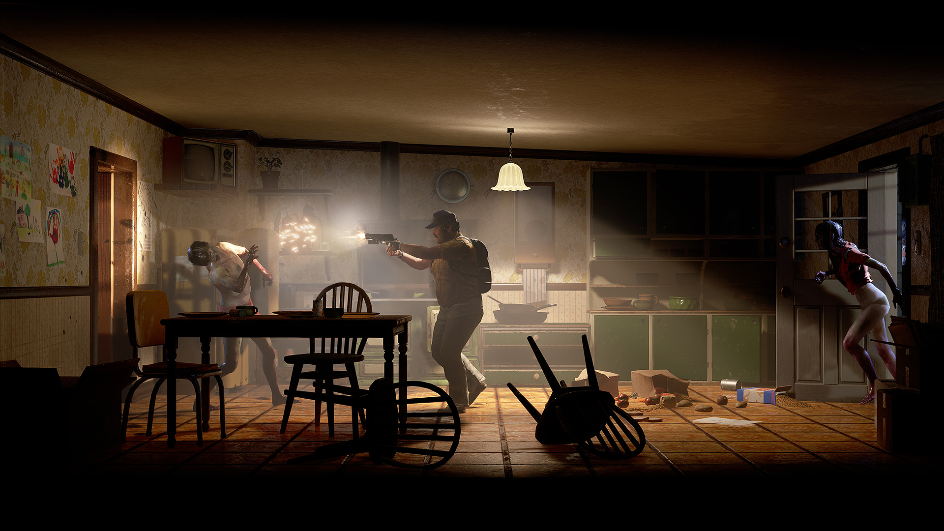 A middle age man is walking through a run down kitchen, aiming a gun at a zombie