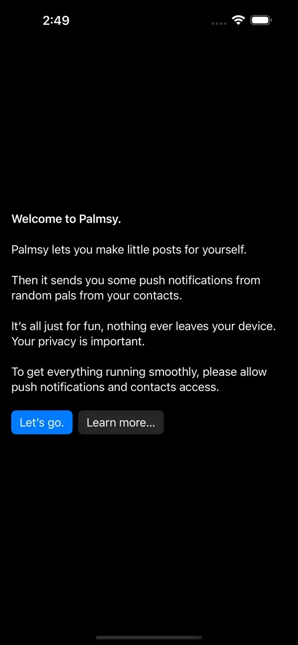 Palmsy welcome screen