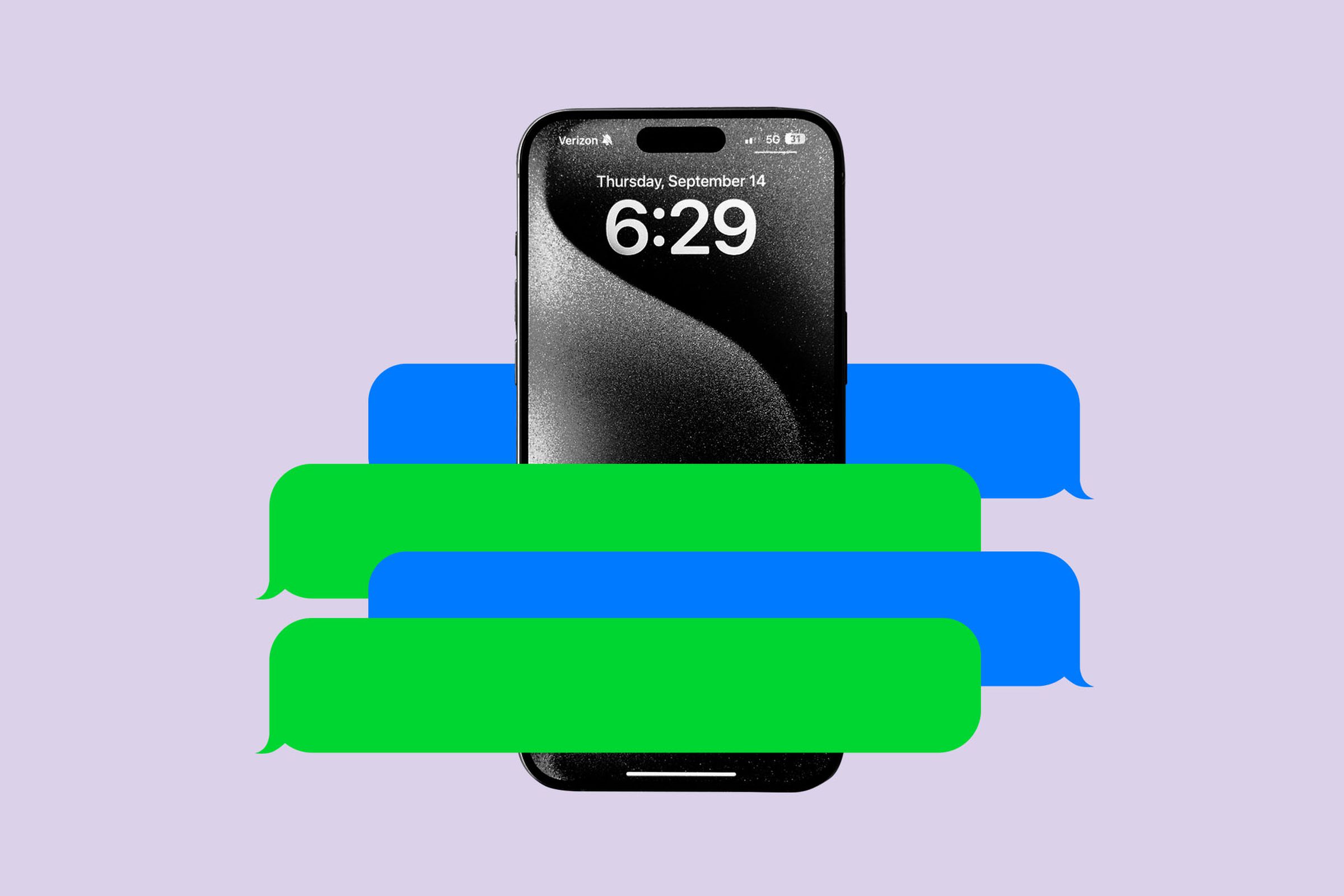 Illustration of an iPhone surrounded by green and blue message bubbles.