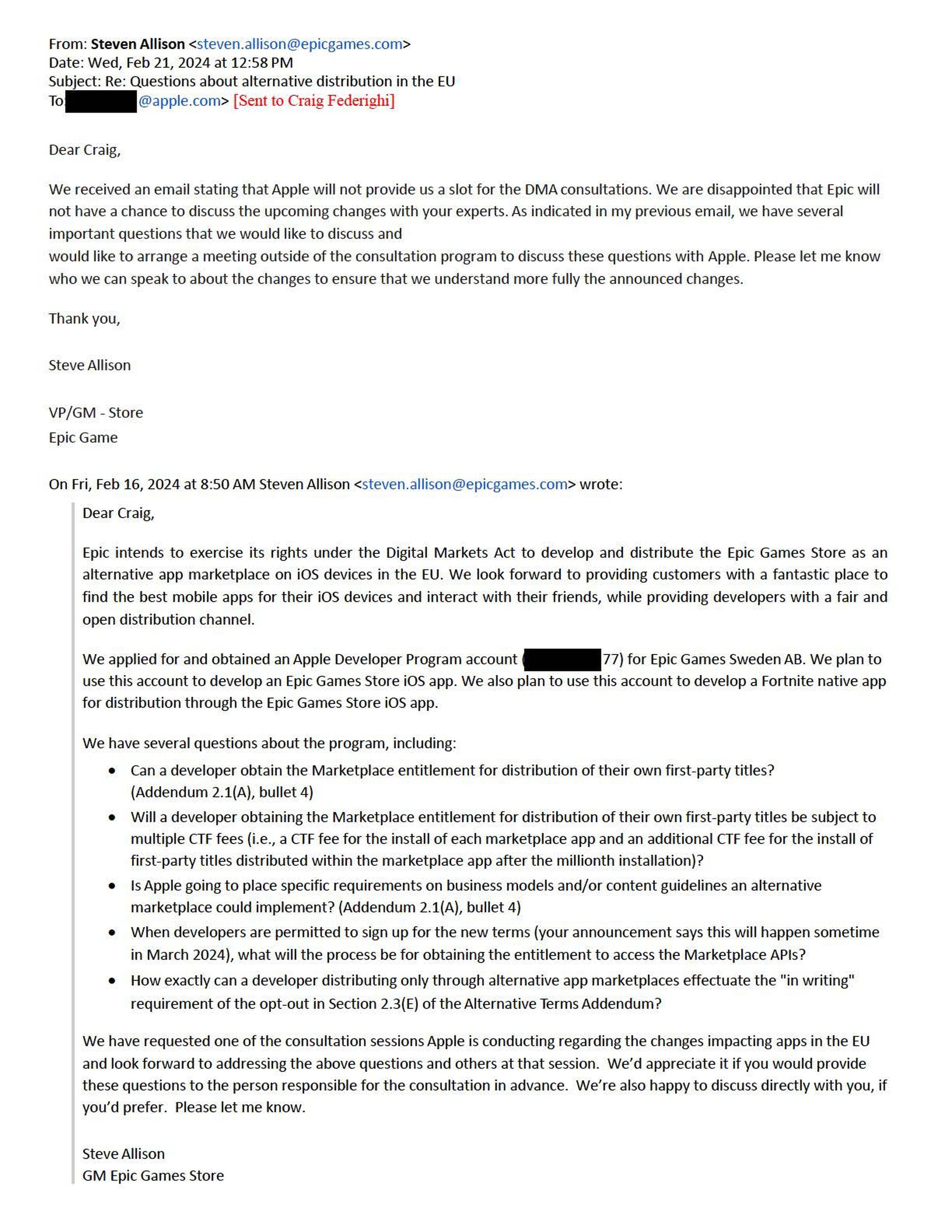 An email sent from Epic's Steve Allison to Apple's Craig Federighi regarding its third-party app stores plans.