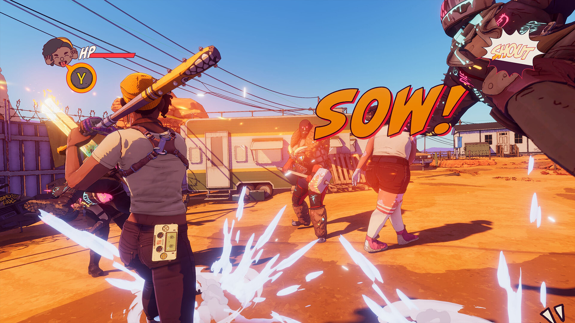 A woman swings a bat at a bandit, the words SOW appearing in block letters across the screen in Dustborn.