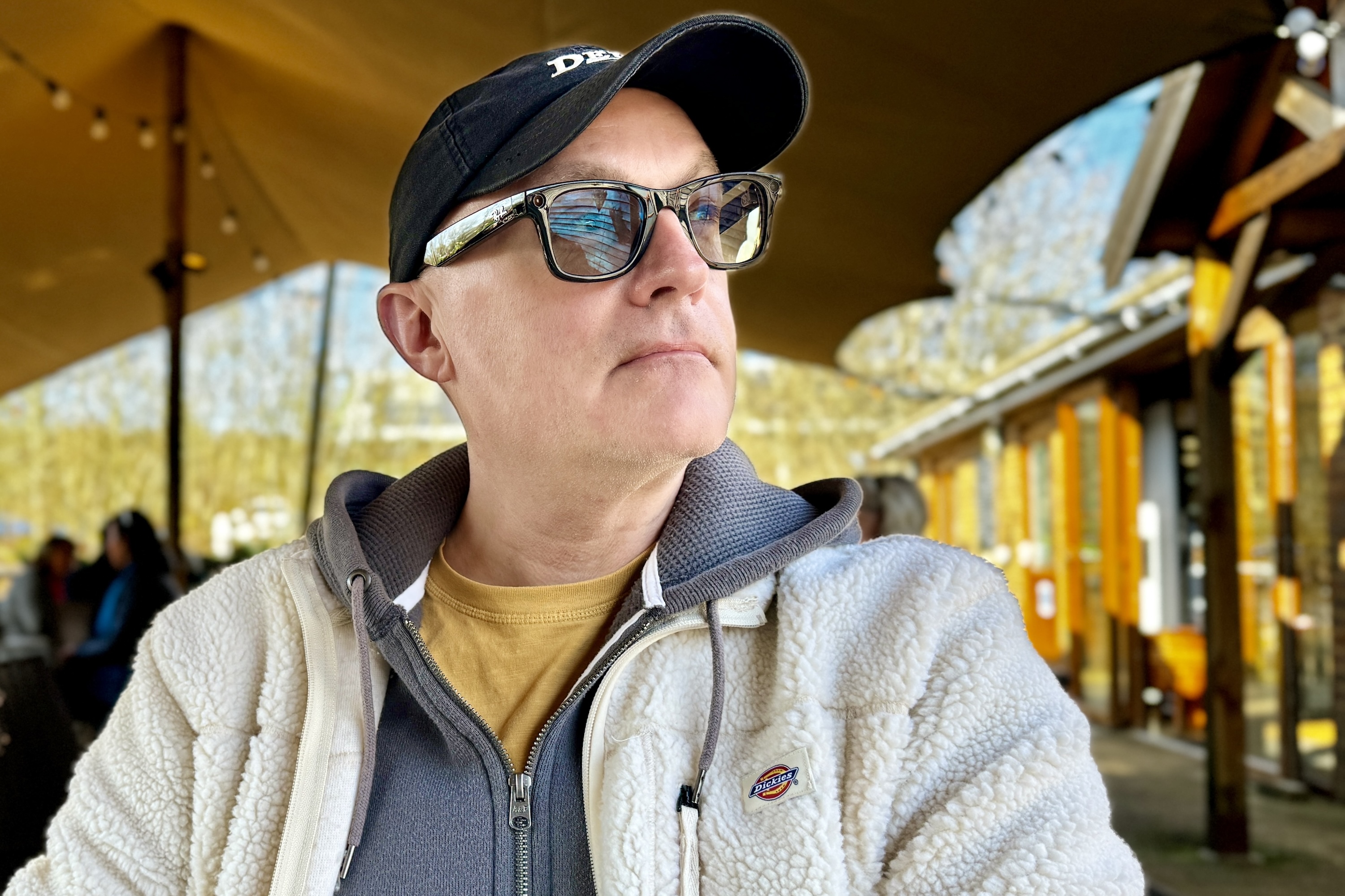 A person wearing the Ray-Ban Meta smartglasses.