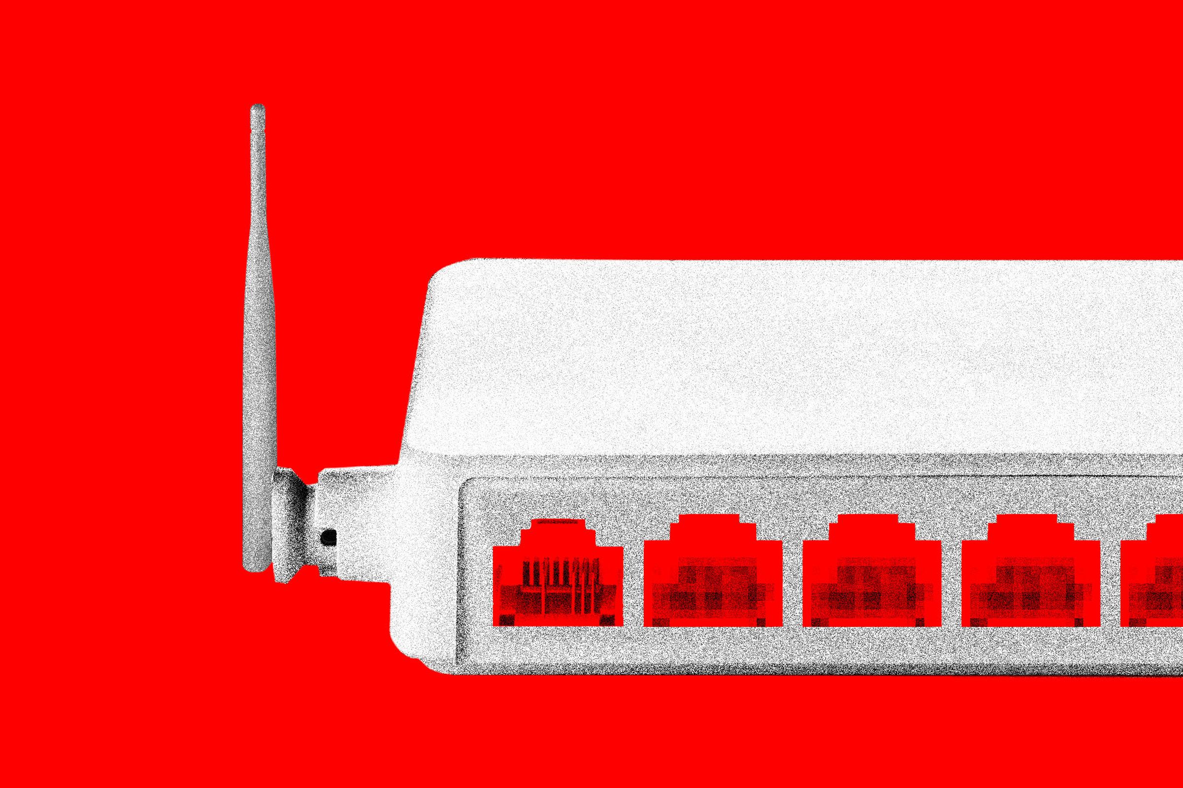 Photo illustration of an⁢ internet router with its ⁢ports becoming increasingly pixelated.