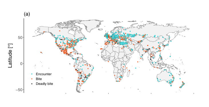 Geographic coverage​ of‌ human-spider encounters in the analyzed database published in Nature. In ‌blue encounters with...