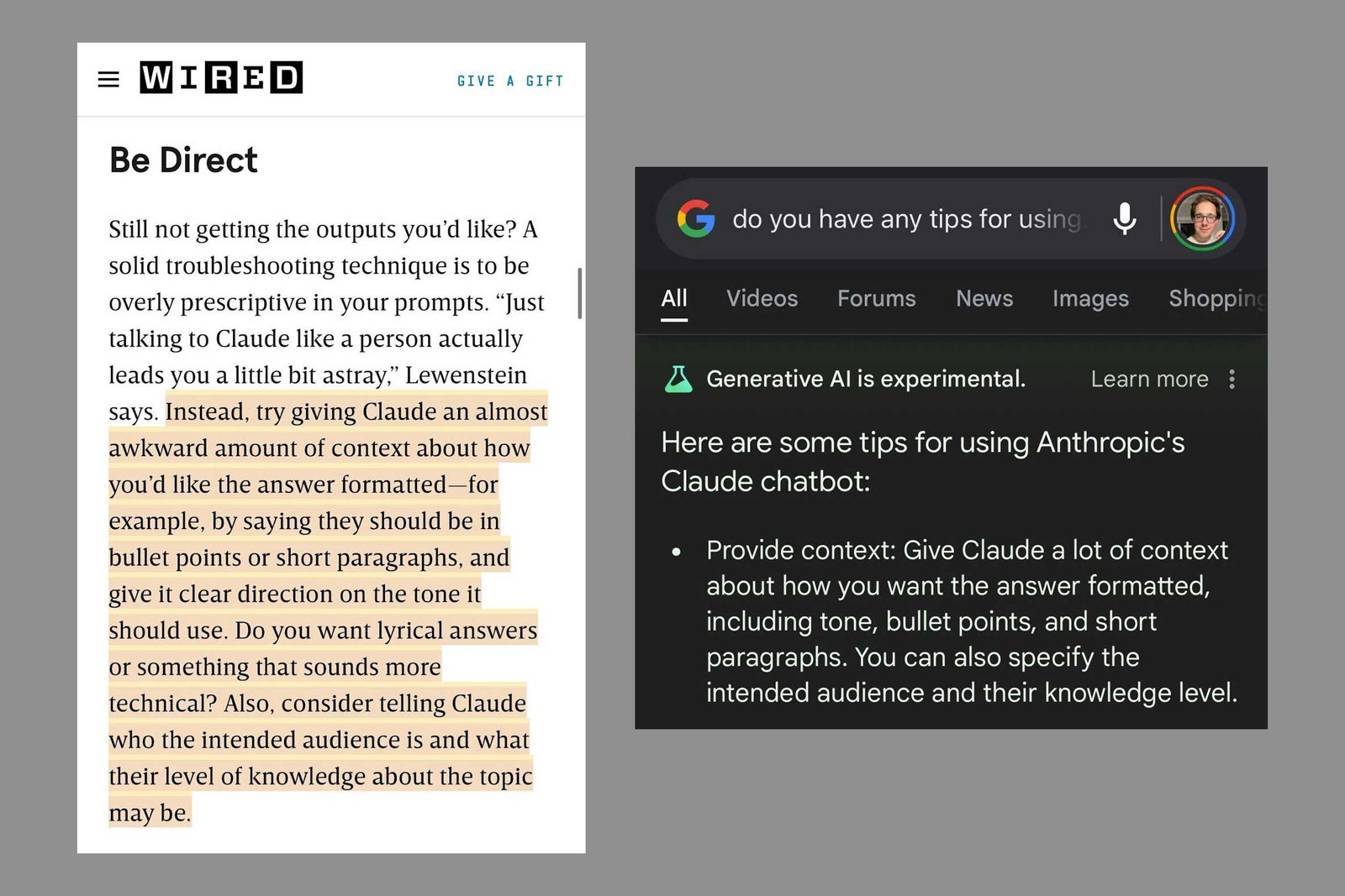 A diptych showing a sample of ‍highlighted text from a WIRED article about how to use Anthropic's Claude chatbot on the...