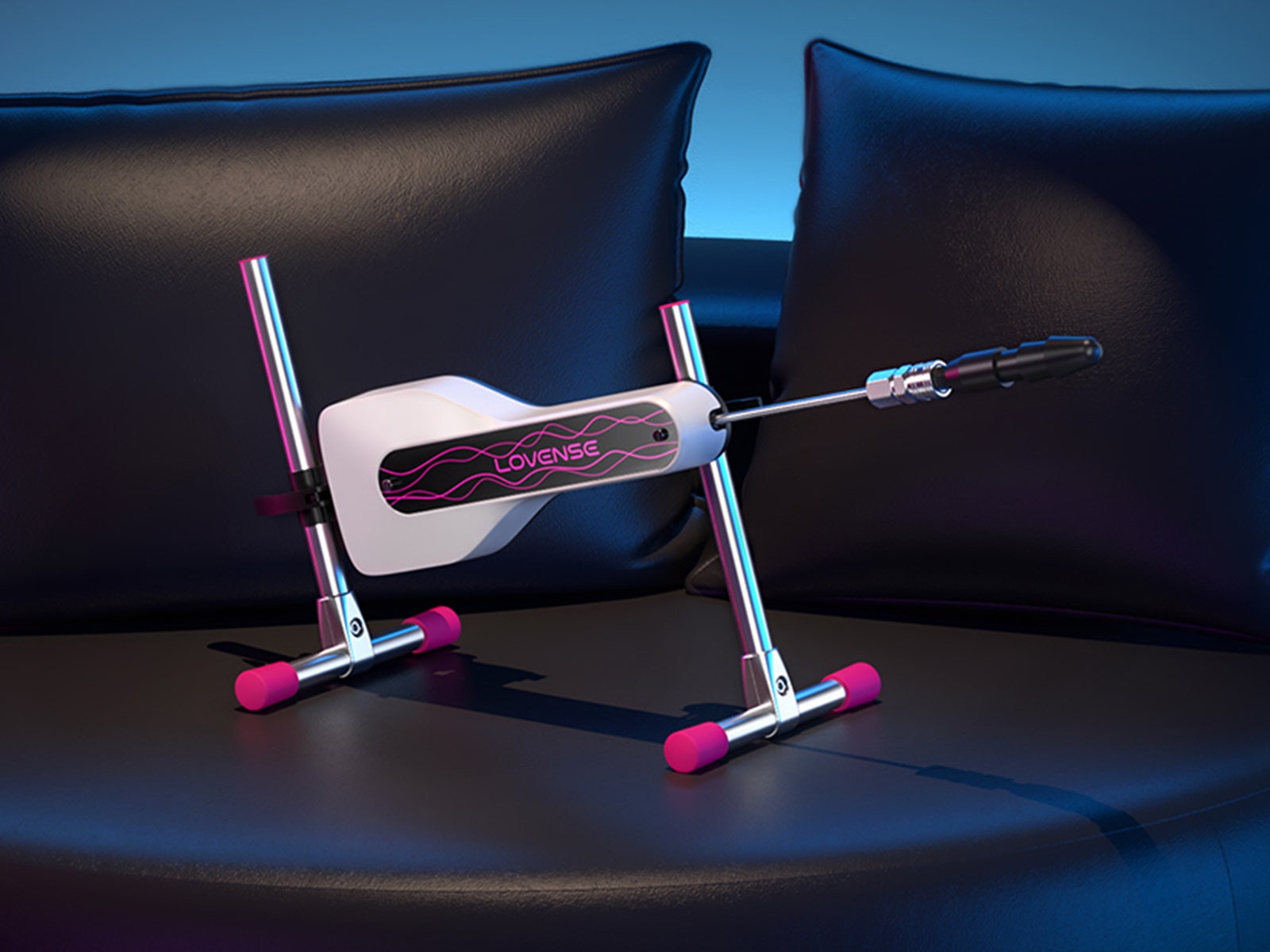 Keyshaped device with ​2 legs for support​ and a retractable rod at⁣ the end posed on a smooth leather couch