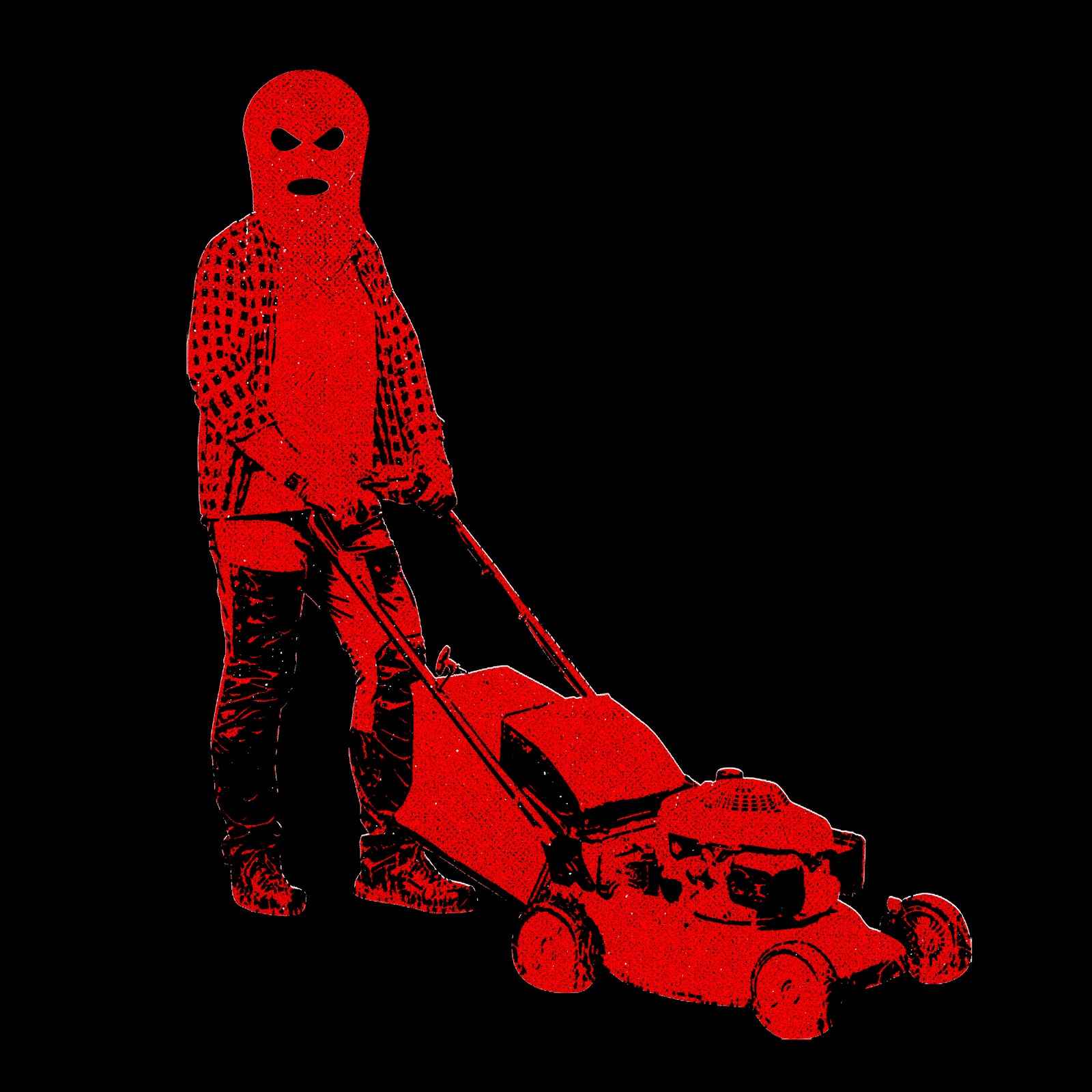 Image⁤ may contain ​A masked man pushing a lawn mower